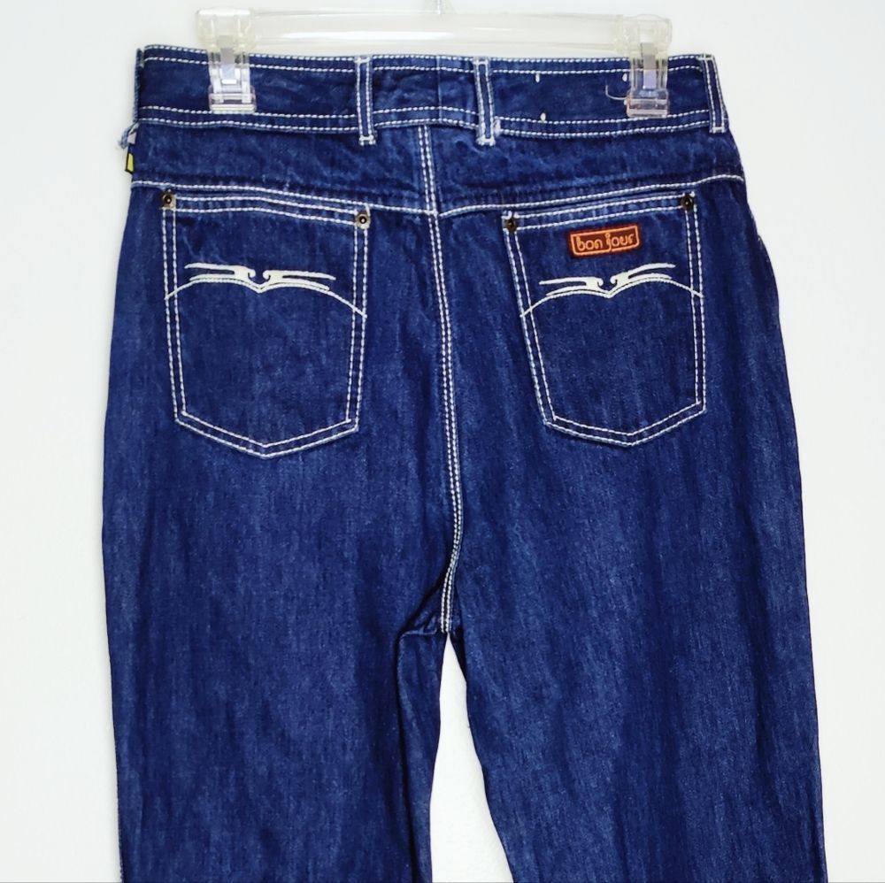 VTG 80s Bonjour High Rise Indigo White Stitch Disco Jeans Tall 34" Inseam, Sz 14